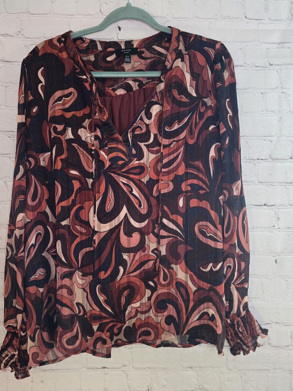 Haver London abstract psychedelic‎  fairy poet blouse metallic thread Sz Xl